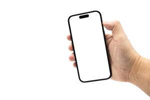 Hand Holding Smartphone with Blank Screen for Mockup and App Presentation. perfect for app presentation, UI UX design, advertising, and product mockup. Copy space. isolated on white with clipping path photo