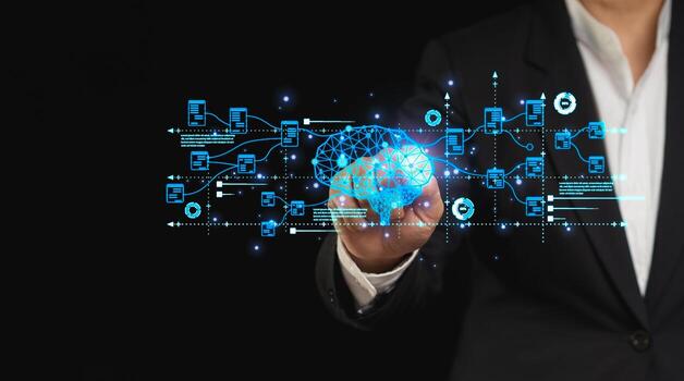 Close-up of a finger touching AI Artificial Intelligence of futuristic technology network of the brain on business analysis, innovation, and business growth development. photo