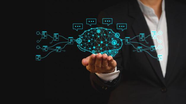 AI Artificial Intelligence of futuristic technology network of the brain on business analysis, innovation, and business growth development. Close-up photo