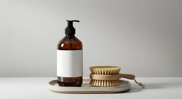 soap bottle mockup with blank label and a natural wooden scrub brush photo