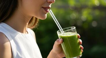 Young woman drinking green juice with reusable straw photo
