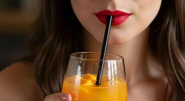 Zero waste concept, girl drinking fresh orange in glass with reusable straw photo