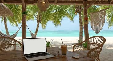 Digital nomads remote working on cafe beach. photo