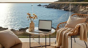 digital nomad's life, working on a laptop with a serene sea view photo