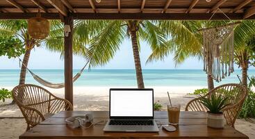 Digital nomads lifestyle, remote working on cafe on the tropic island exotic beach. photo