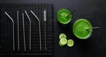 flat lay, reusable straw set on a rack photo