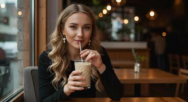 woman using reusable stainless steel straw to drink in cafe photo