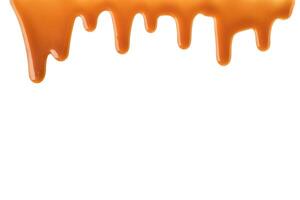 Melted caramel sauce drips down frame on white background photo