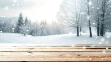 Wooden table in snowy forest with winter trees photo