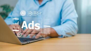 AI digital advertising and data analytics concept with businessman typing on laptop photo