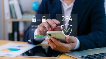 Person using smartphone to access digital interface with 2FA login screen and security icons, highlighting cybersecurity, data protection, secure access, privacy, authentication, online safety tech. photo