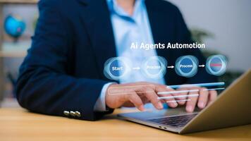 Ai Agents Automation, showing start, process, process, and finalize steps, illustrating AI-powered workflow automation. Businessman using a laptop with a digital workflow chart overlay. photo