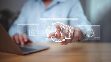 Futuristic digital learning and global communication concept with holographic human heads and smart technology icons photo