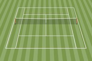 Isometric illustration of a grass tennis court with a net, white boundary lines, and a striped lawn pattern vector