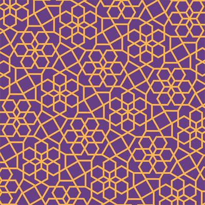 A seamless geometric pattern with interlocking hexagonal shapes and floral motifs in a continuous grid, creating an intricate and decorative design.