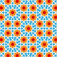 A vibrant and intricate Islamic geometric pattern featuring interlocking stars, hexagons, and triangles. The pattern is composed of bold blue, orange, and red colors, creating a visually striking vector