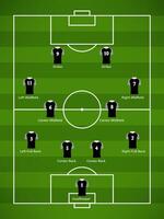 Soccer field diagram with player positions marked on a green field, suitable for sports education, team strategy visuals, and graphic designs. vector