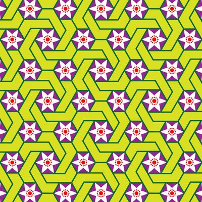 A seamless geometric pattern with interlocking hexagonal shapes in bright green, white stars, red centers, and vibrant colors.