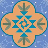 This vibrant pattern features a geometric design. Bold colors, intricate triangles, and stylized leaves create a captivating composition. The addition of swans adds a playful and exotic touch. vector