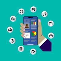an illustration of a smartphone surrounded by utility icons representing mobile functions such as email, call, navigation, messaging, calendar, music, camera, shopping, and more. vector