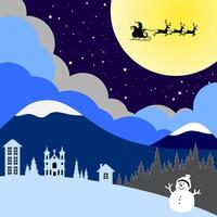 design of a serene winter Christmas landscape with Santa in the sky, a snowman, snowy hills, a church, and houses, set against a starry night with mountains and clouds. vector