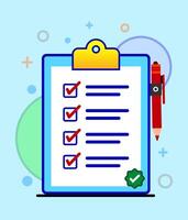 Colorful illustration of a checklist on a clipboard with a pen, checkmarks, and a certification badge in a flat modern style. vector