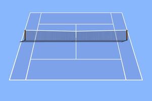 Isometric illustration of a blue tennis court with a net, white boundary lines, and a clean minimalistic design vector