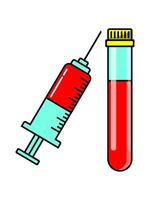 Flat illustration of a syringe and test tube filled with liquid. Ideal for healthcare, medical, laboratory, or vaccination themes. vector