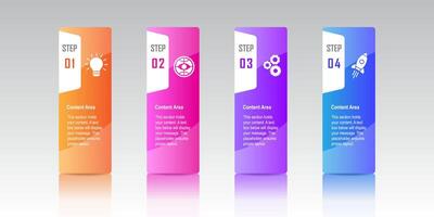 A modern 4-step infographic template with colorful vertical banners, icons, and placeholder text, perfect for business presentations, workflows, or educational content. vector