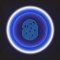 Blue fingerprint icon inside glowing tech circle on dark background, perfect for cybersecurity, biometric, or identity verification themes. vector