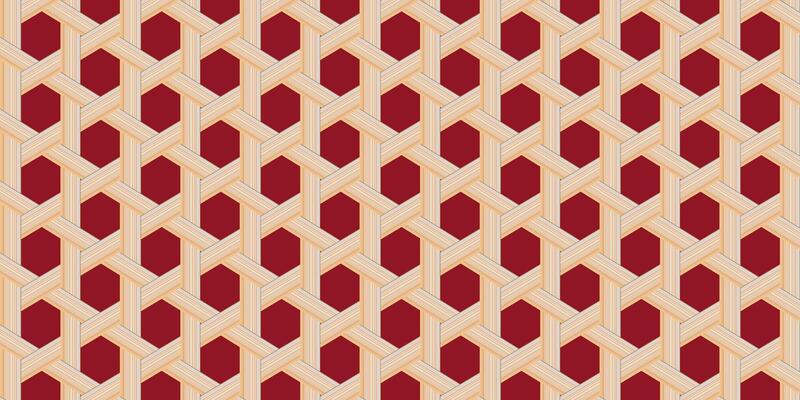 Seamless hexagonal woven wood pattern with light wood texture on dark background, ideal for interior, textile, or graphic design projects.