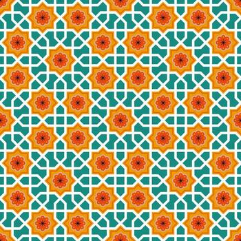 Seamless geometric decorative pattern with floral and interlocking elements, perfect for tiles, wallpaper, and design projects vector