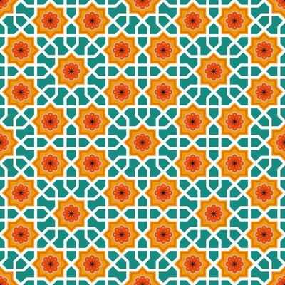 Seamless geometric decorative pattern with floral and interlocking elements, perfect for tiles, wallpaper, and design projects