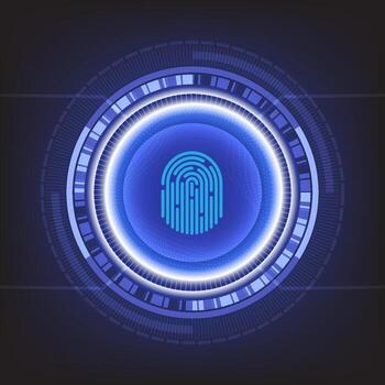 Futuristic fingerprint scanner interface with glowing blue concentric circles and digital HUD elements. Ideal for cybersecurity, tech, or biometric concepts. vector