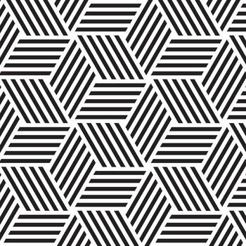 Black and white geometric pattern with striped hexagons creating an optical illusion effect in a seamless modern design. vector