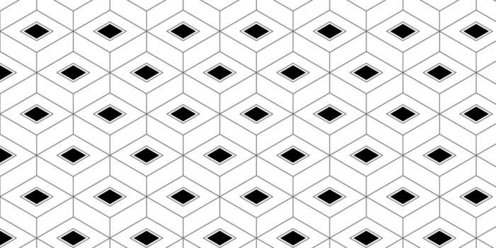 Seamless black and white geometric pattern featuring diamond shapes in a cube tile layout. Ideal for backgrounds, textiles, or modern design projects. vector