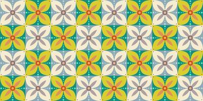 Colorful seamless floral pattern in a retro tile style. Symmetrical flower shapes and dotted details. Perfect for fabric, wallpaper, and decorative backgrounds. vector
