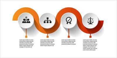 Infographic design with curved flow and circular icons representing teamwork, structure, quality assurance, and legal balance. Suitable for business concepts and corporate visuals. vector