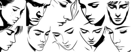A set of black and white sketches of different faces vector