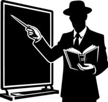 A man in a suit and hat is pointing at a blackboard vector