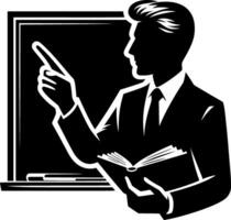 A black and white silhouette of a man in a suit pointing at a blackboard vector