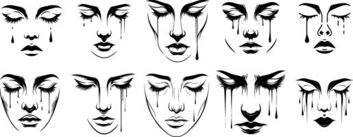 A set of different faces with tears and tears vector