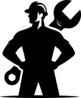 A silhouette of a man holding a wrench and a wrench vector