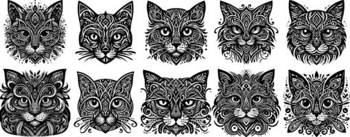 A set of nine black and white cat faces vector