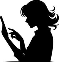 A silhouette of a woman using a tablet computer vector