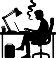 Silhouette of man working at desk with laptop vector