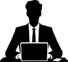 Silhouette of a man in a suit sitting at a desk with a laptop vector