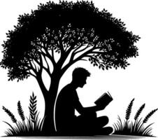 Silhouette of a man reading under a tree vector