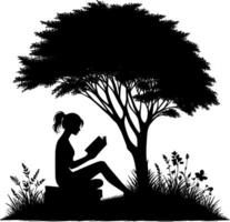 Silhouette of a girl reading under a tree vector