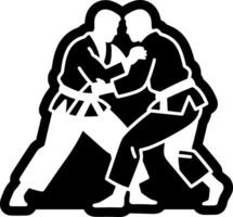 Two men in karate gear are fighting on a white background vector